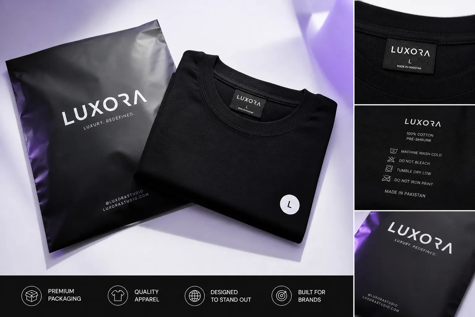 Apparel brand packaging — branded mailer, woven neck label, and garment details
