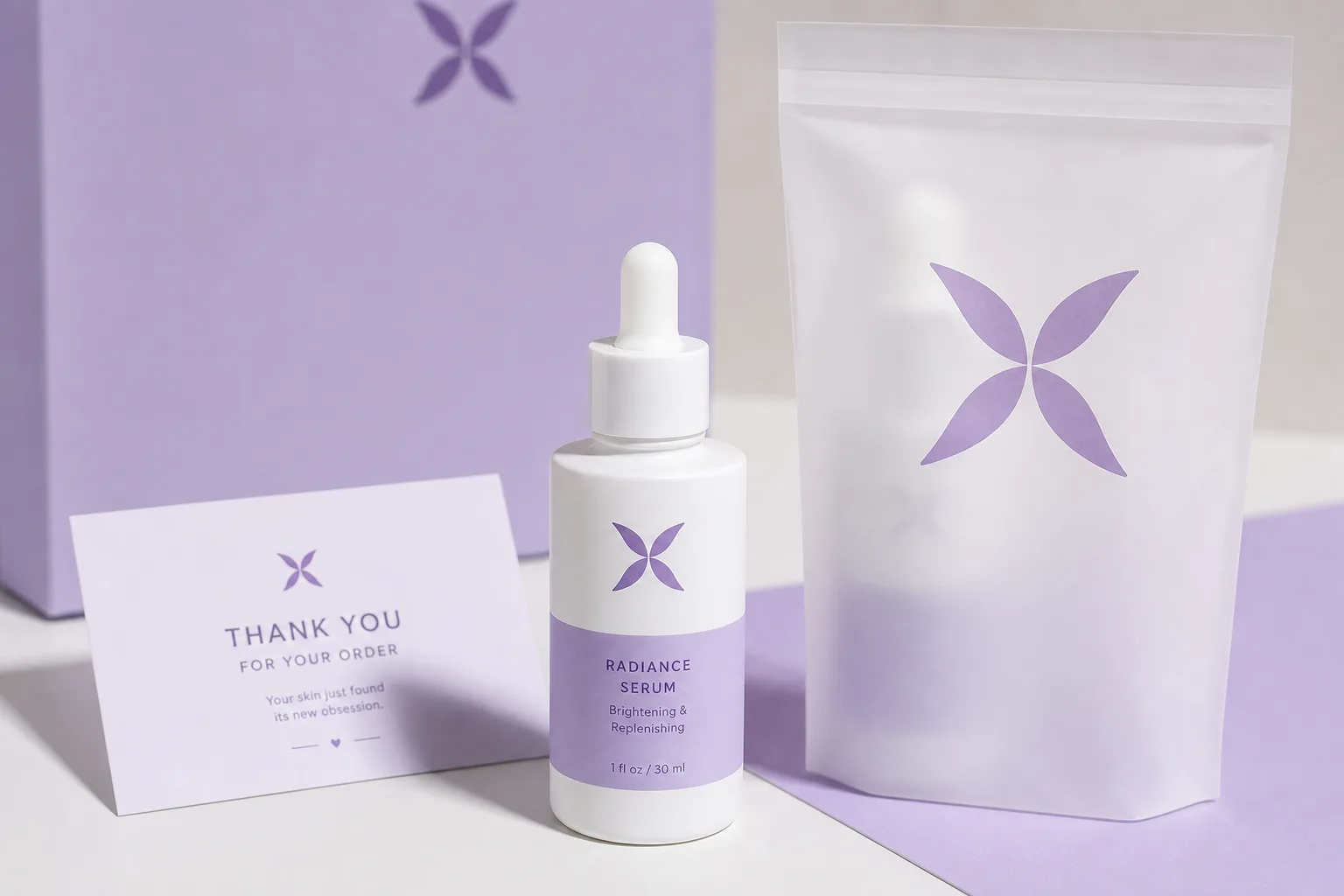 Skincare brand customization — branded bottle, mailer bag, and thank-you card mockup