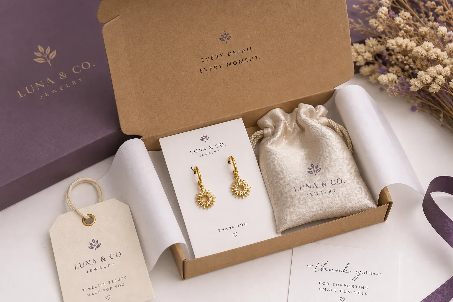Jewelry brand unboxing — kraft gift box, hang tags, and branded pouch presentation