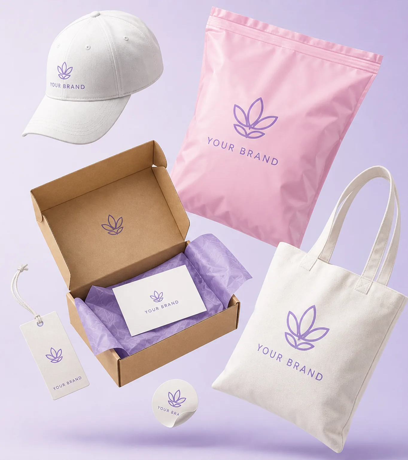 Custom branded products and packaging mockup — cap, mailer bag, gift box, tote bag, hang tag, and product labels for ecommerce sellers