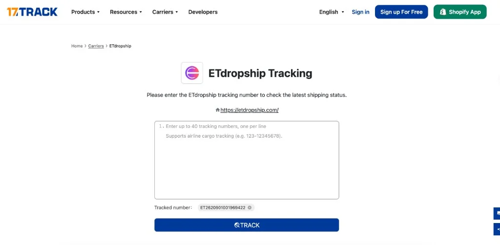 17TRACK ETdropship carrier tracking page screenshot