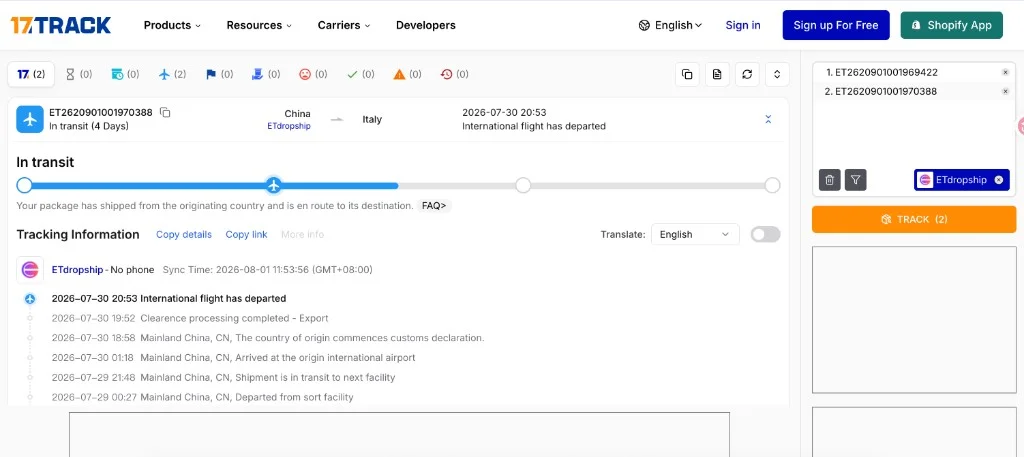 17TRACK ETdropship tracking detail with progress bar and event timeline